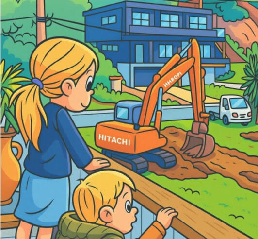 Cartoon illustration from book ISBN 978-0-473-77643-5 Cartoon illustration of two children looking at the digger in the neighbours garden